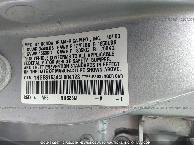 1HGES16344L004128 - 2004 HONDA CIVIC DX VP Gümüş foto 9