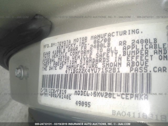 4T1BG22K4YU715281 - 2000 TOYOTA CAMRY CE/LE/XLE SILVER photo 9