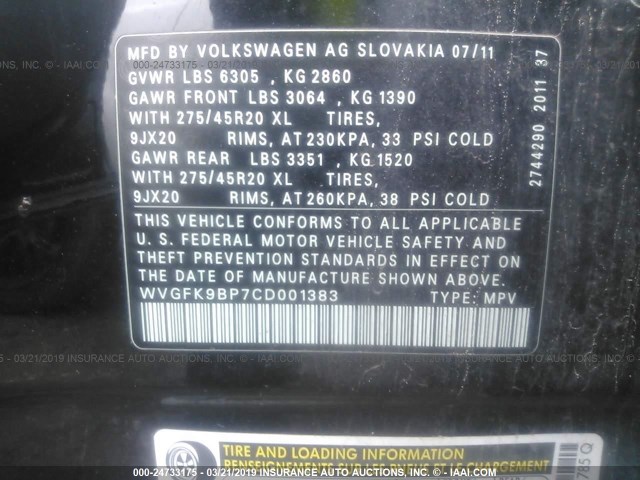 WVGFK9BP7CD001383 - 2012 VOLKSWAGEN TOUAREG V6 TDI BLACK photo 9