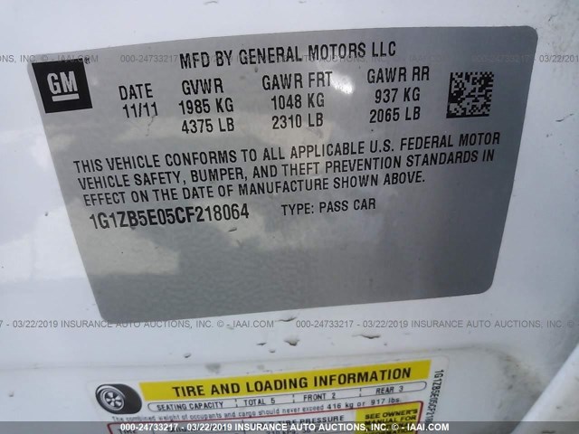 1G1ZB5E05CF218064 - 2012 CHEVROLET MALIBU LS WHITE photo 9