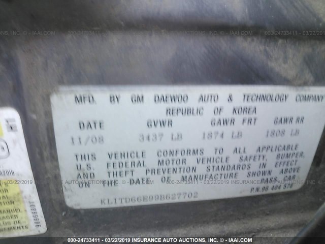 KL1TD66E99B627702 - 2009 CHEVROLET AVEO LS/LT Մոխրագույն լուսանկար 9