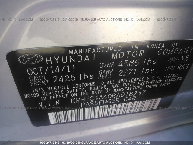 KMHEC4A40BA018237 - 2011 HYUNDAI SONATA HYBRID SILVER photo 9