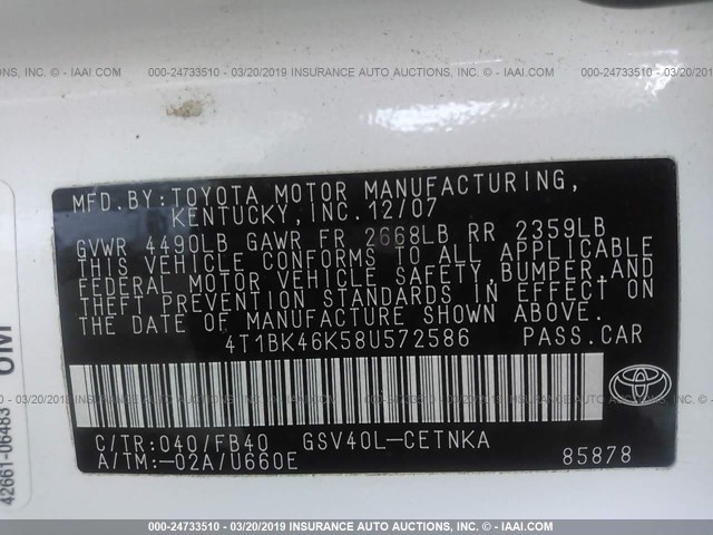 4T1BK46K58U572586 - 2008 TOYOTA CAMRY LE/XLE/SE WHITE photo 9