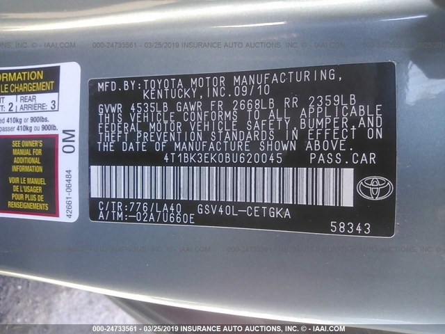 4T1BK3EK0BU620045 - 2011 TOYOTA CAMRY SE/LE/XLE BLUE photo 9