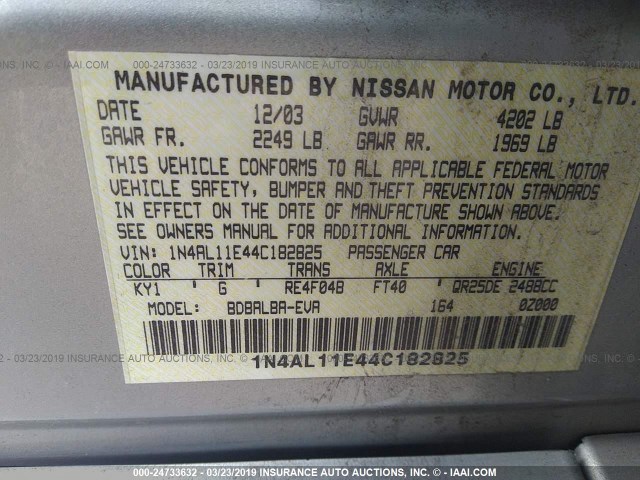 1N4AL11E44C182825 - 2004 NISSAN ALTIMA S/SL SILVER photo 9