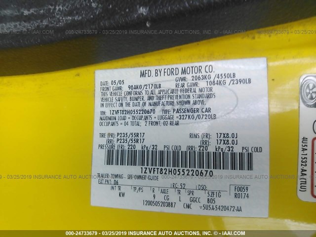 1ZVFT82H055220670 - 2005 FORD MUSTANG GT YELLOW photo 9