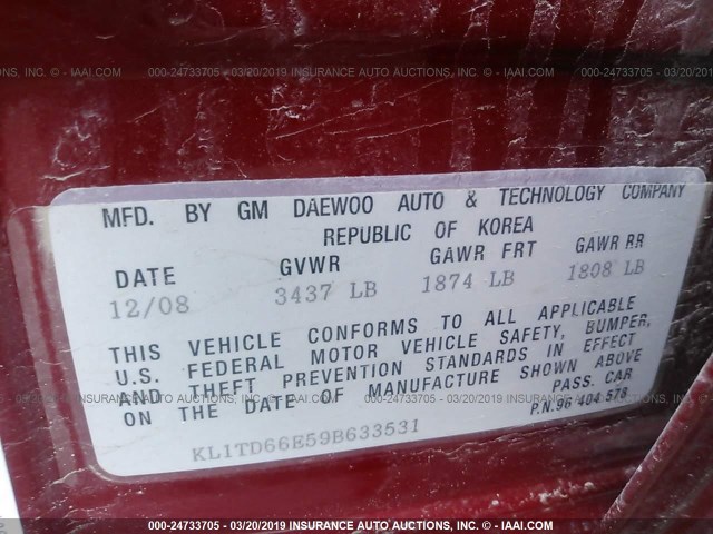 KL1TD66E59B633531 - 2009 CHEVROLET AVEO LS/LT Կարմիր լուսանկար 9