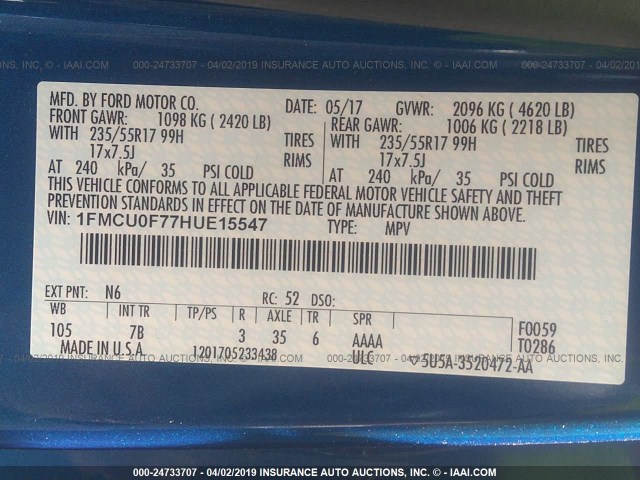 1FMCU0F77HUE15547 - 2017 FORD ESCAPE S BLUE photo 9