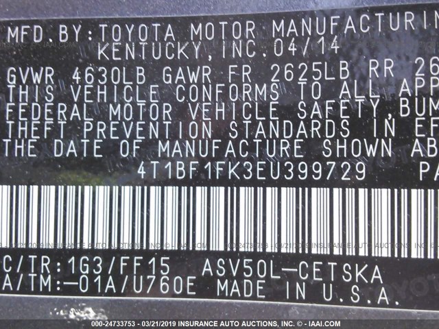4T1BF1FK3EU399729 - 2014 TOYOTA CAMRY L/SE/LE/XLE 灰色 照片 9