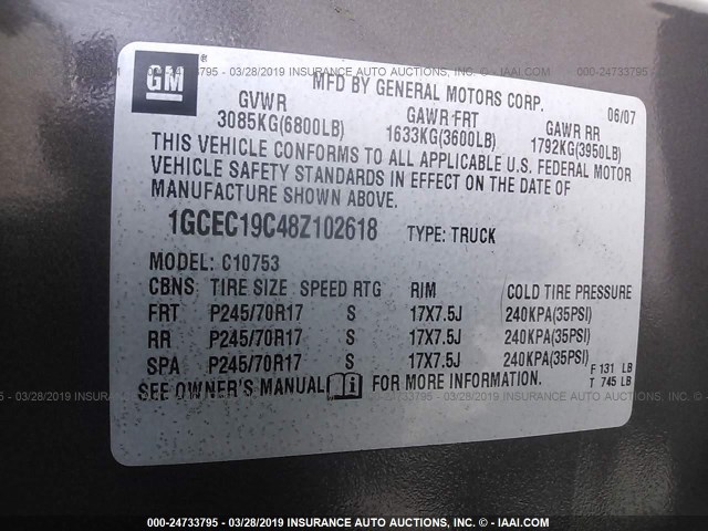 1GCEC19C48Z102618 - 2008 CHEVROLET SILVERADO C1500 GRAY photo 9