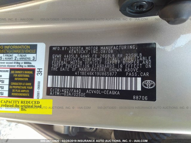 4T1BE46K19U865877 - 2009 TOYOTA CAMRY SE/LE/XLE GOLD photo 9