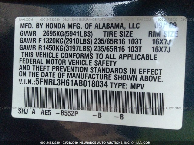 5FNRL3H61AB018034 - 2010 HONDA ODYSSEY EXL BLUE photo 9