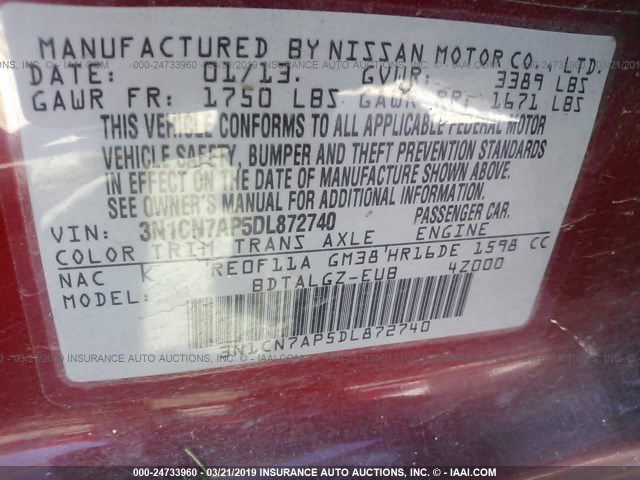 3N1CN7AP5DL872740 - 2013 NISSAN VERSA S/S PLUS/SV/SL RED photo 9