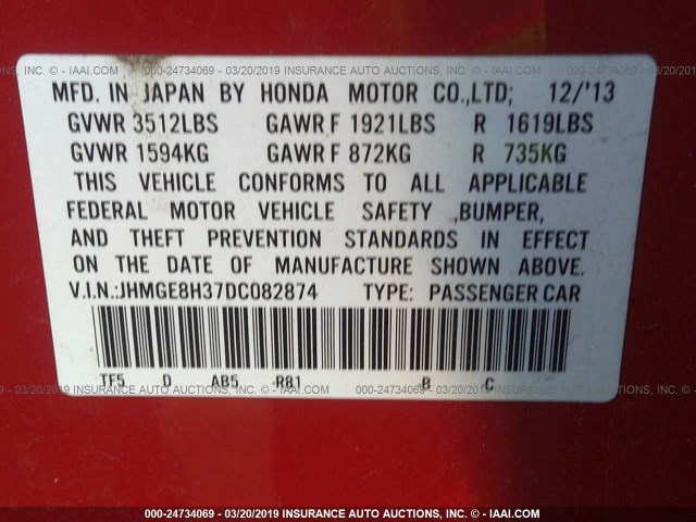 JHMGE8H37DC082874 - 2013 HONDA FIT RED photo 9