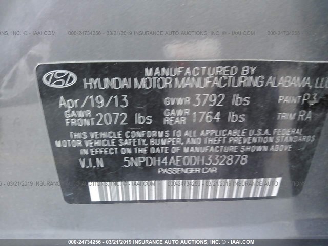 5NPDH4AE0DH332878 - 2013 HYUNDAI ELANTRA GLS/LIMITED GRAY photo 9