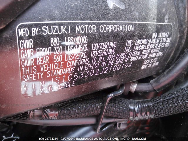 JS1C533D2J2100194 - 2018 SUZUKI GSX-S750 BLACK photo 10