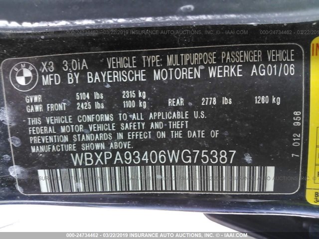 WBXPA93406WG75387 - 2006 BMW X3 3.0I BLACK photo 9