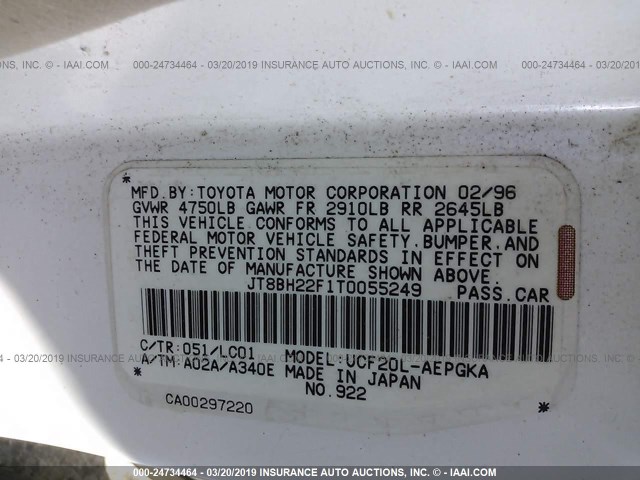 JT8BH22F1T0055249 - 1996 LEXUS LS 400 WHITE photo 9