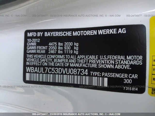 WBAUL7C53DVU08734 - 2013 BMW 128 I WHITE photo 9