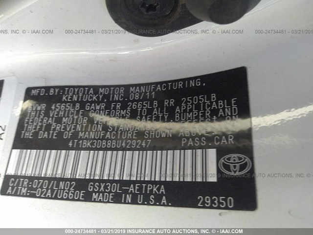 4T1BK3DB8BU429247 - 2011 TOYOTA AVALON LIMITED WHITE photo 9