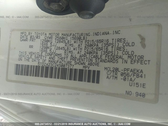 5TDZA23C24S007377 - 2004 TOYOTA SIENNA CE/LE WHITE photo 9