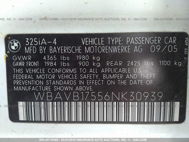 WBAVB17556NK30939 - 2006 BMW 325 I AUTOMATIC WHITE photo 9