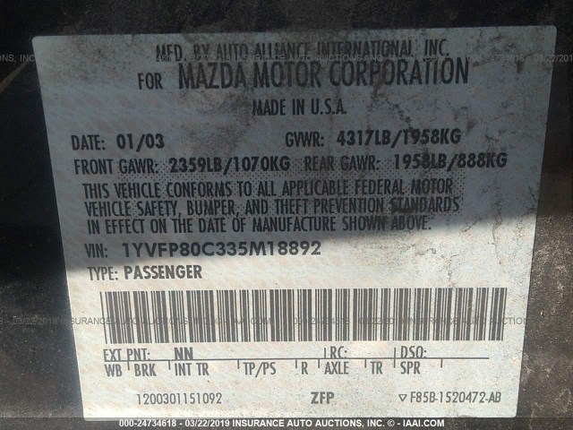 1YVFP80C335M18892 - 2003 MAZDA 6 I BLACK photo 9