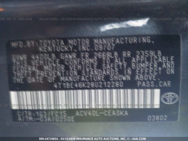 4T1BE46K28U212280 - 2008 TOYOTA CAMRY CE/LE/XLE/SE GRAY photo 9