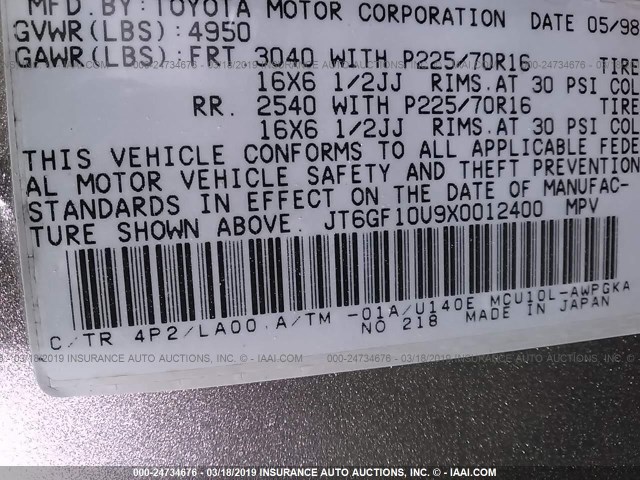 JT6GF10U9X0012400 - 1999 LEXUS RX 300 GOLD photo 9