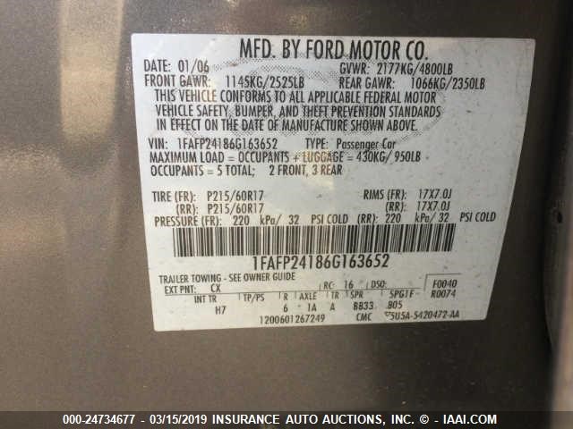 1FAFP24186G163652 - 2006 FORD FIVE HUNDRED SEL GRAY photo 9