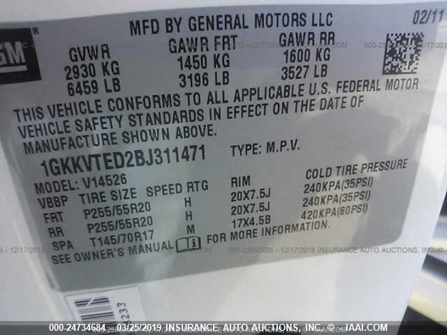 1GKKVTED2BJ311471 - 2011 GMC ACADIA DENALI WHITE photo 9