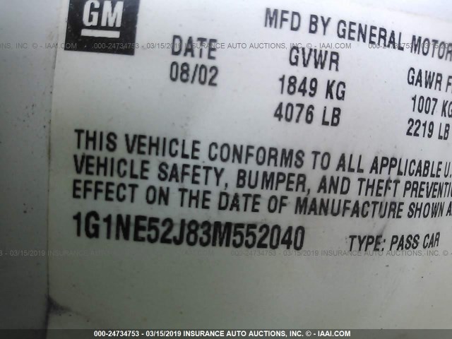 1G1NE52J83M552040 - 2003 CHEVROLET MALIBU LS WHITE photo 9