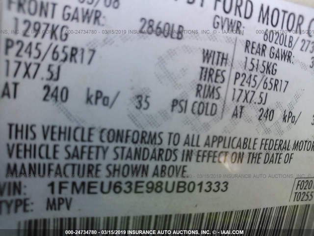 1FMEU63E98UB01333 - 2008 FORD EXPLORER XLT GRAY photo 9