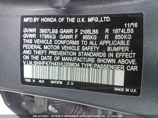 SHHFK7H4XHU209634 - 2017 HONDA CIVIC SPORT Szary zdjęcie 9