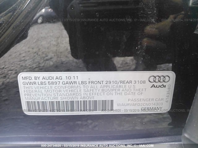 WAURVAFD2CN014303 - 2012 AUDI A8 L QUATTRO BLACK photo 9