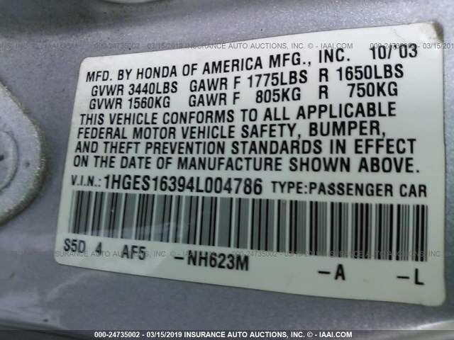 1HGES16394L004786 - 2004 HONDA CIVIC DX VP SILVER photo 9