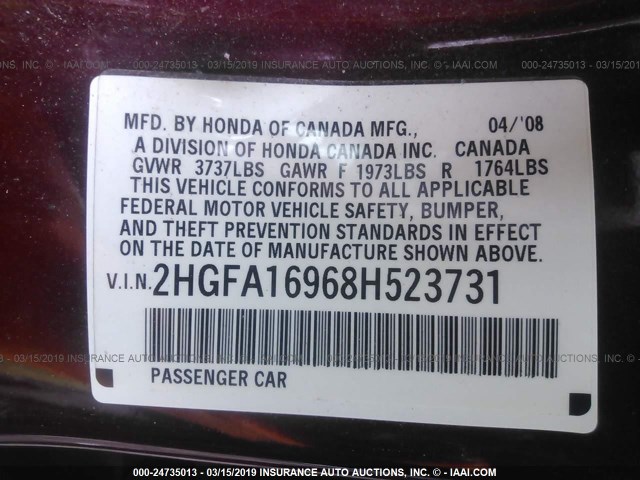 2HGFA16968H523731 - 2008 HONDA CIVIC EXL MAROON photo 9