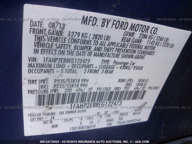 1FAHP2E88EG122473 - 2014 FORD TAURUS SEL BLUE photo 9