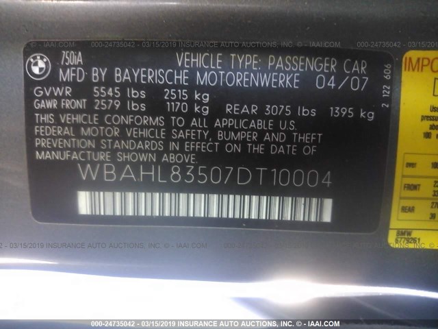 WBAHL83507DT10004 - 2007 BMW 750 I GRAY photo 9