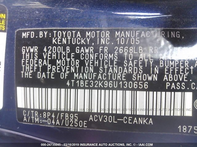 4T1BE32K96U130656 - 2006 TOYOTA CAMRY LE/XLE/SE BLUE photo 9