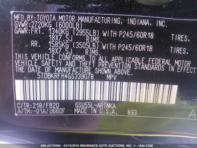 5TDBKRFH4GS339078 - 2016 TOYOTA HIGHLANDER LE/LE PLUS BLACK photo 9