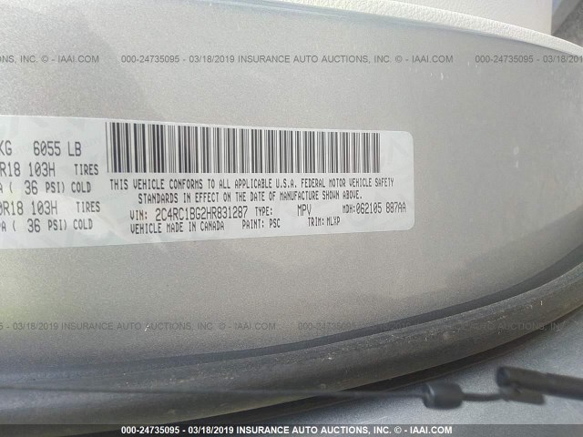 2C4RC1BG2HR831287 - 2017 CHRYSLER PACIFICA TOURING L SILVER photo 9