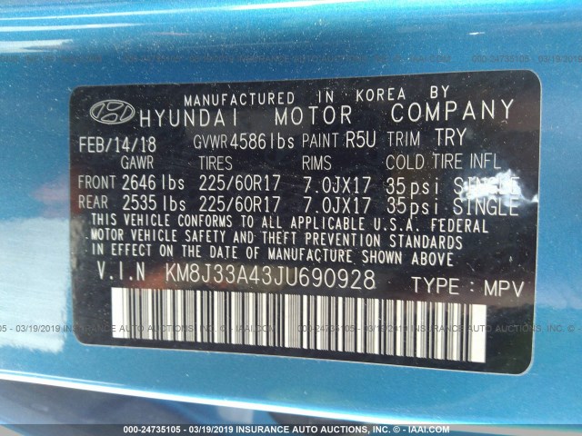 KM8J33A43JU690928 - 2018 HYUNDAI TUCSON LIMITED/SPORT AND ECO/SE BLUE photo 9