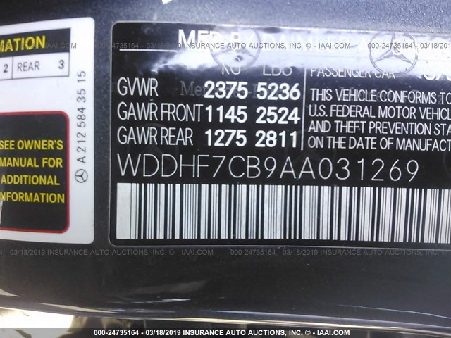 WDDHF7CB9AA031269 - 2010 MERCEDES-BENZ E 550 BLACK photo 9