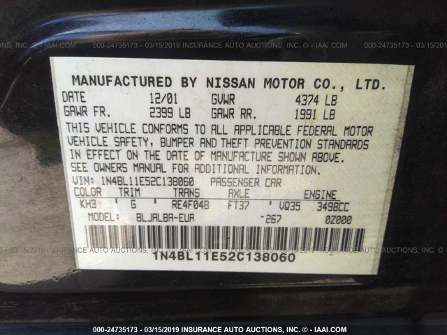 1N4BL11E52C138060 - 2002 NISSAN ALTIMA SE BLACK photo 9