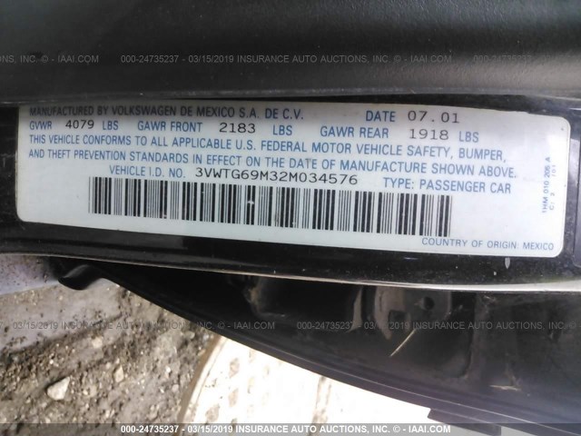 3VWTG69M32M034576 - 2002 VOLKSWAGEN JETTA GLX BLACK photo 9