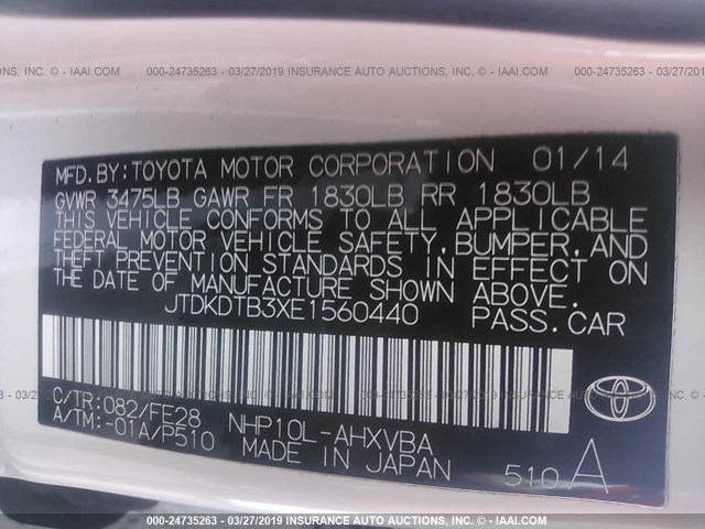 JTDKDTB3XE1560440 - 2014 TOYOTA PRIUS C WHITE photo 9