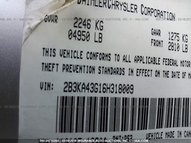 2B3KA43G16H318009 - 2006 DODGE CHARGER SE/SXT SILVER photo 9