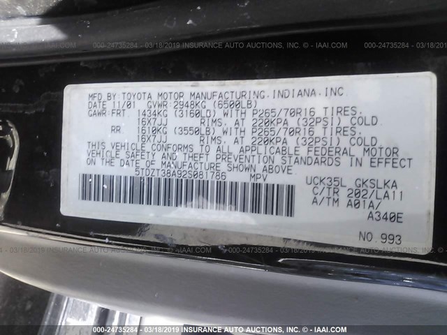 5TDZT38A92S081786 - 2002 TOYOTA SEQUOIA LIMITED BLACK photo 9