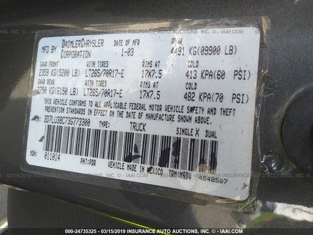 3D7LU38C73G773300 - 2003 DODGE RAM 3500 ST/SLT GRAY photo 9